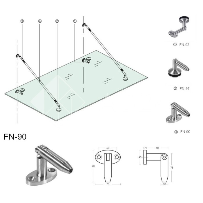 Крепление тяги (ванта) FN-90 к стене М10, рутель, нержавейка/матовый