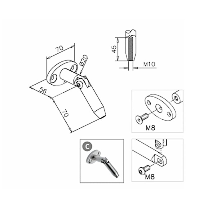 Крепление тяги (ванта) FN-90 к стене М10, рутель, нержавейка/матовый