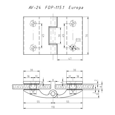 Петля Европа FDP-115.1 стекло-стекло 180° без крышек, нержавейка/медь