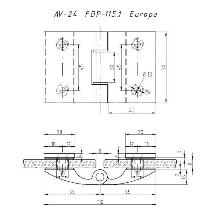 Петля Европа FDP-115.1 стекло-стекло 180° без крышек, нержавейка/медь