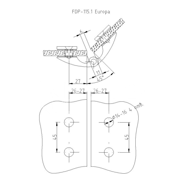 Петля Европа FDP-115.1 стекло-стекло 180° без крышек, нержавейка/медь