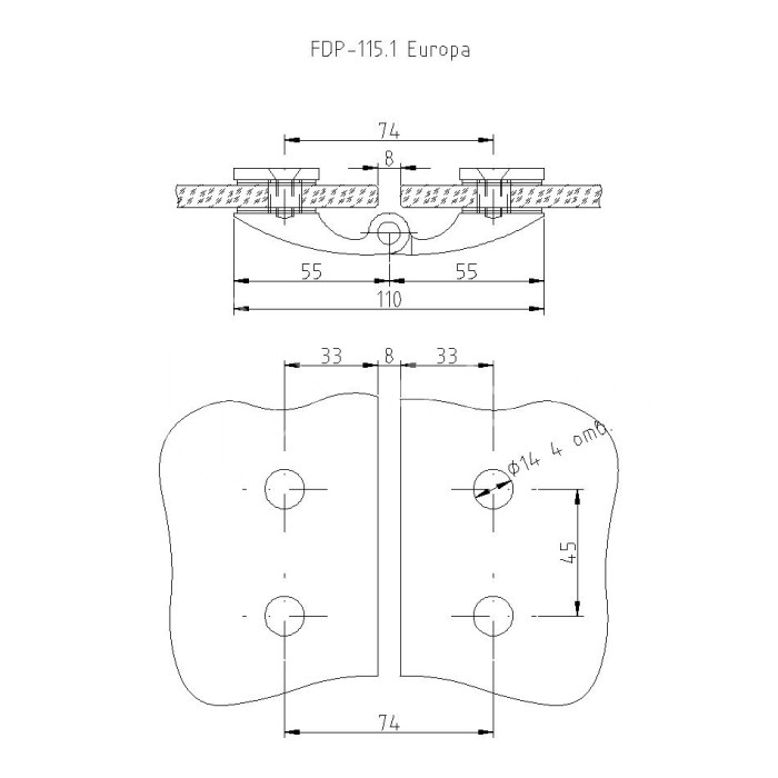 Петля Европа FDP-115.1 стекло-стекло 180° без крышек, нержавейка/медь