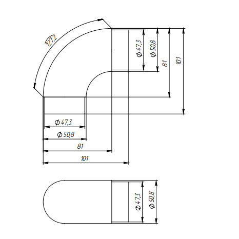 Отвод FOP-50.11 со вставками для трубы Ø50.8*1.5 мм, GRIT 600, нержавейка/полированный