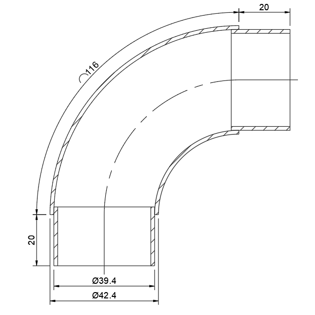 Отвод FOP-42.11 со вставками для трубы Ø42.4*1.5 мм, GRIT 600, нержавейка/полированный