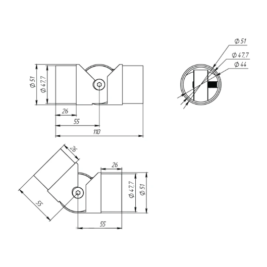 Поворот шарнирный со вставкой FOP-50.08 , для трубы Ø50.8*1.5 мм, GRIT 600, нержавейка/полированный