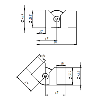Поворот шарнирный FOP-42.08 со вставками для трубы Ø42.4*1.5 мм, GRIT 600, нержавейка/полированный