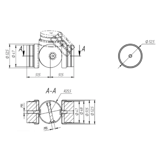 Поворот шаровой FOP-50.10 регулируемый, внутренний, для трубы Ø50.8*1.5 мм, GRIT 600, нержавейка/полированный