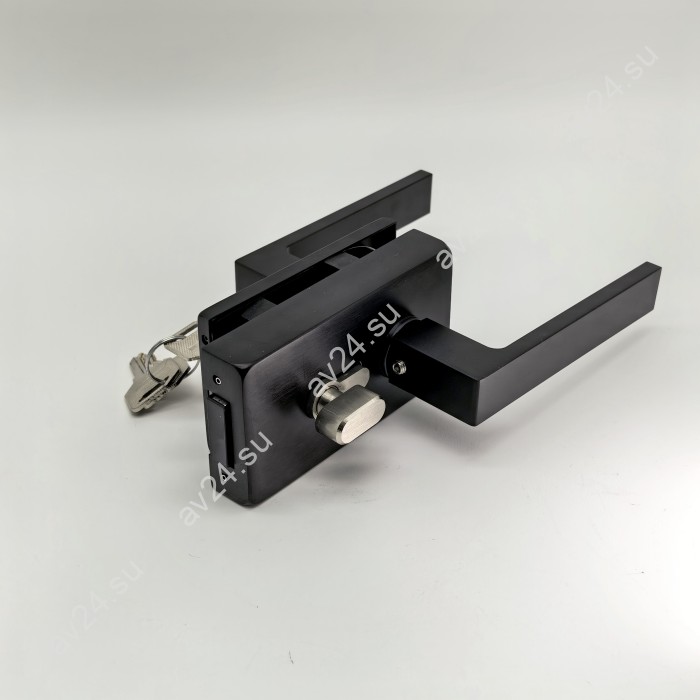 Замок с магнитным ригелем FMZ-43 с ответной частью на стену, с притвором, механизм ключ/вертушка, алюминий/черный