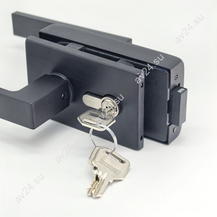 Замок с магнитным ригелем FMZ-43 с ответной частью на стену, с притвором, механизм ключ/вертушка, алюминий/черный