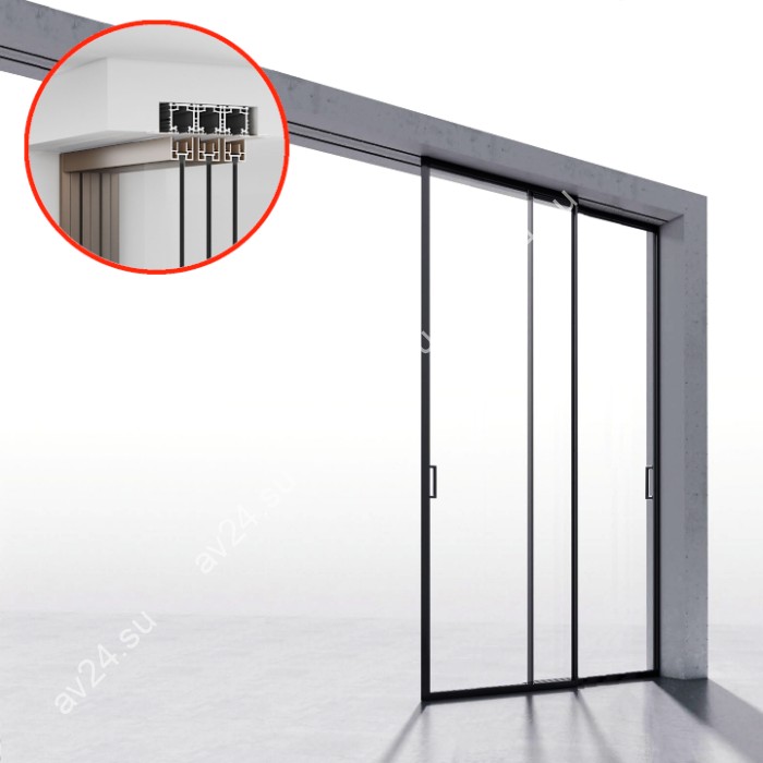 Комплект раздвижной системы DSK-190.2.1 AL/BN-MW на 2 двери (2+0) скрытое крепление в проем, алюминий/коричневый с белой потолочной крышкой
