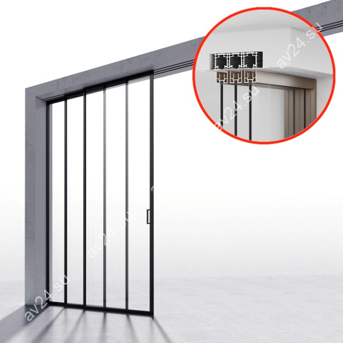 Комплект раздвижной системы DSK-190.3.1L AL/BN-MW на 3 двери (3+0) левое открывание, скрытое крепление в проем, алюминий/коричневый с белой потолочной крышкой