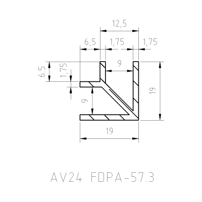 Угловой опорный профиль 90° FDPA-57.3  для стекла 8 мм, 19х19х12,5х1,75 мм, длина 3 м, алюминий/черный