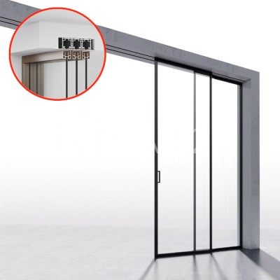 Комплект раздвижной системы DSK-190.1.1.1 AL/BL-MW на 1 дверь (1+1) скрытое крепление в потолок, алюминий/черный с белой крышкой