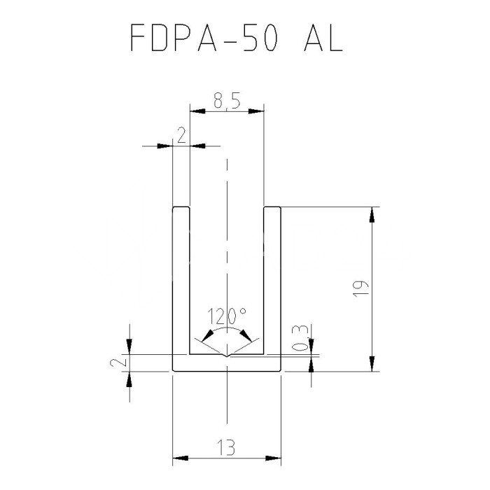 Профиль для стекла FDPA-50.22, 19х12.5х2, длина 2,2 м, алюминий/матовый