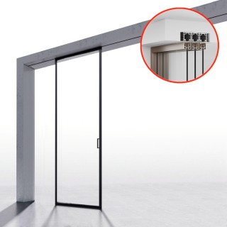 Комплект раздвижной системы Диона DSK-190.1.1 AL/BL-MW на 1 дверь (1+0) скрытое крепление в потолок, алюминий/черный с белой крышкой