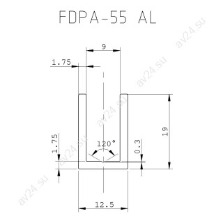 Профиль для стекла FDPA-55.22 с дефектом, 19х12,5х1,75 мм, длина 2,2 м, алюминий/бронза 