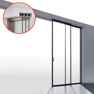 Комплект раздвижной системы Диона DSK-194.2.1R AL/BL-MW на 2 двери в нишу с отталкивающим механизмом, правое открывание, скрытое крепление, алюминий/черный с белой крышкой
